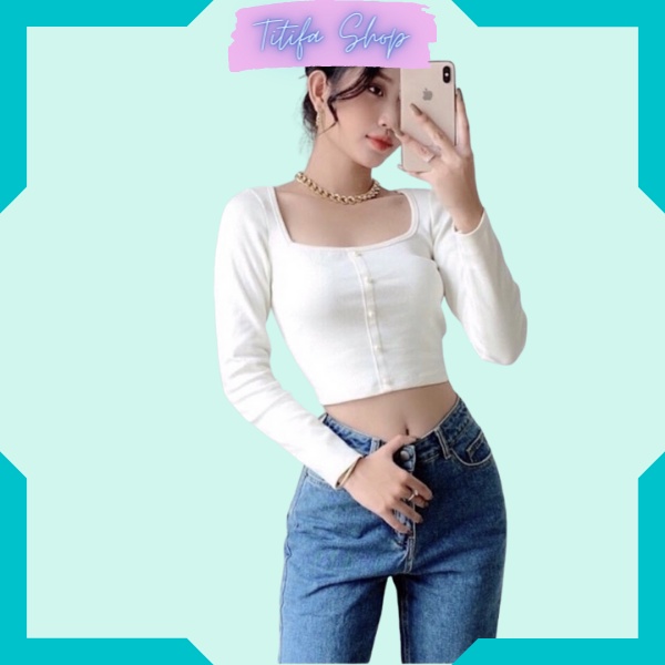 Áo Thun Nữ Tay Dài Cổ Vuông Áo Croptop Chất Vải Cotton Đẹp - Titifa Shop