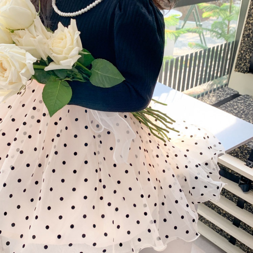 Bộ Đầm Tay Dài Phối Lưới Chấm Bi + Áo Khoác Thắt Nơ Phong Cách Hàn Quốc Thời Trang Mùa Thu Cho Bé Gái