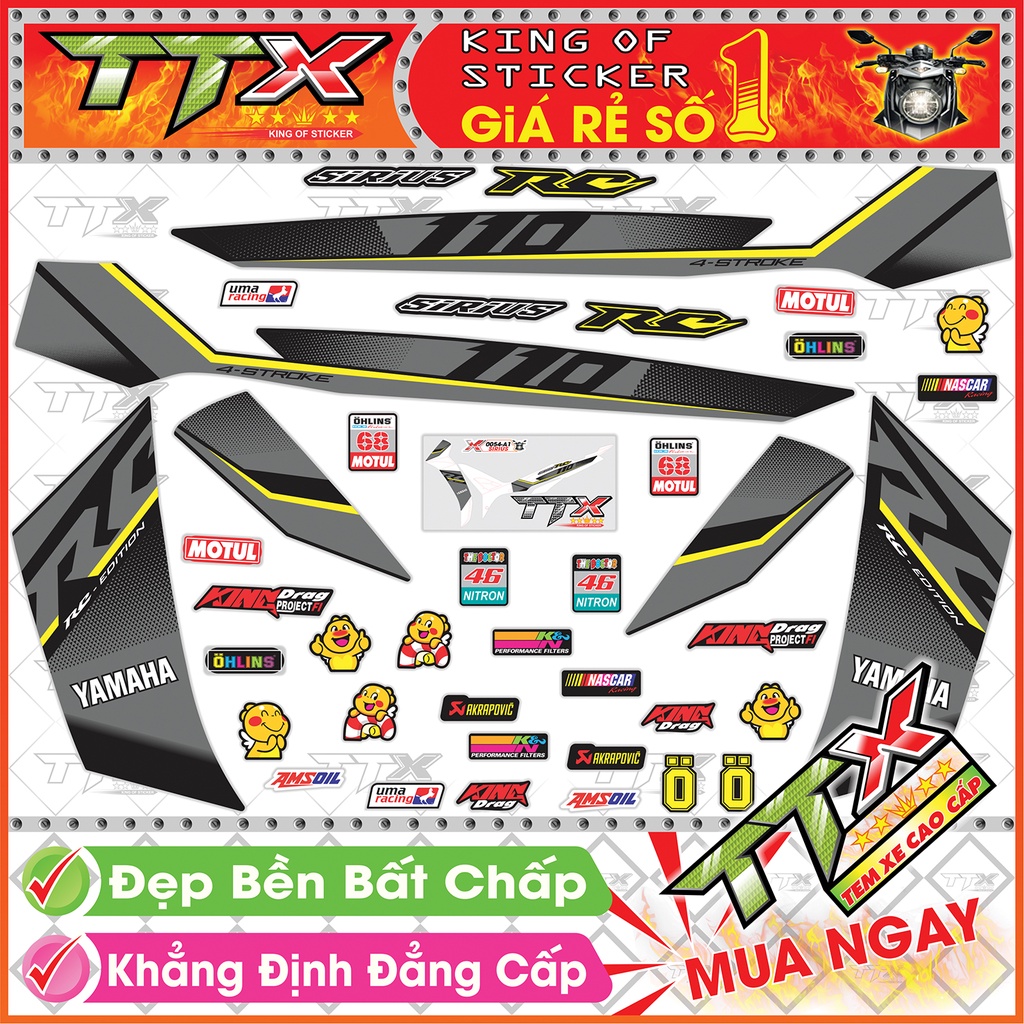 Tem Xe Sirius 110 RC Xám Đen Vàng Điểm Nhấn - Tem Sirius RC Đen Xám Siêu Đẹp - Mẫu Team Sirius Xám Đen Vàng