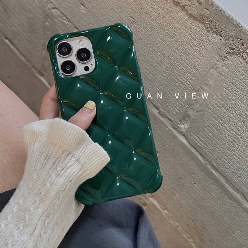 Ốp điện thoại mềm phối họa tiết hình thoi màu xanh lá đậm thời trang thu đông cho iPhone 11 xsmax xr 13pro max 12