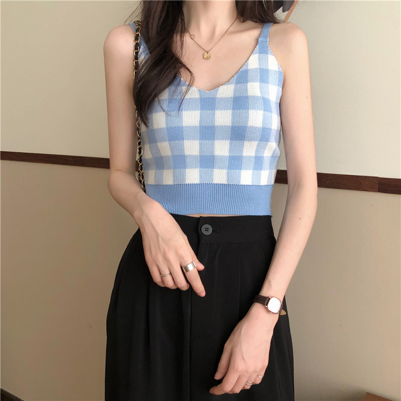 Áo lửng hai dây cổ tim họa tiết ca rô gợi cảm cho nữ