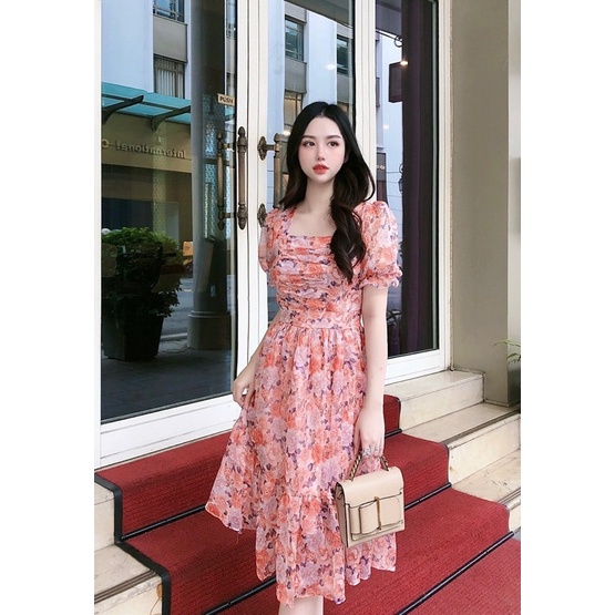 Váy xòe hoa dự tiệc cap cấp dáng dài tay bồng xinh chất liệu tơ 2 lớp dày dặn | BigBuy360 - bigbuy360.vn