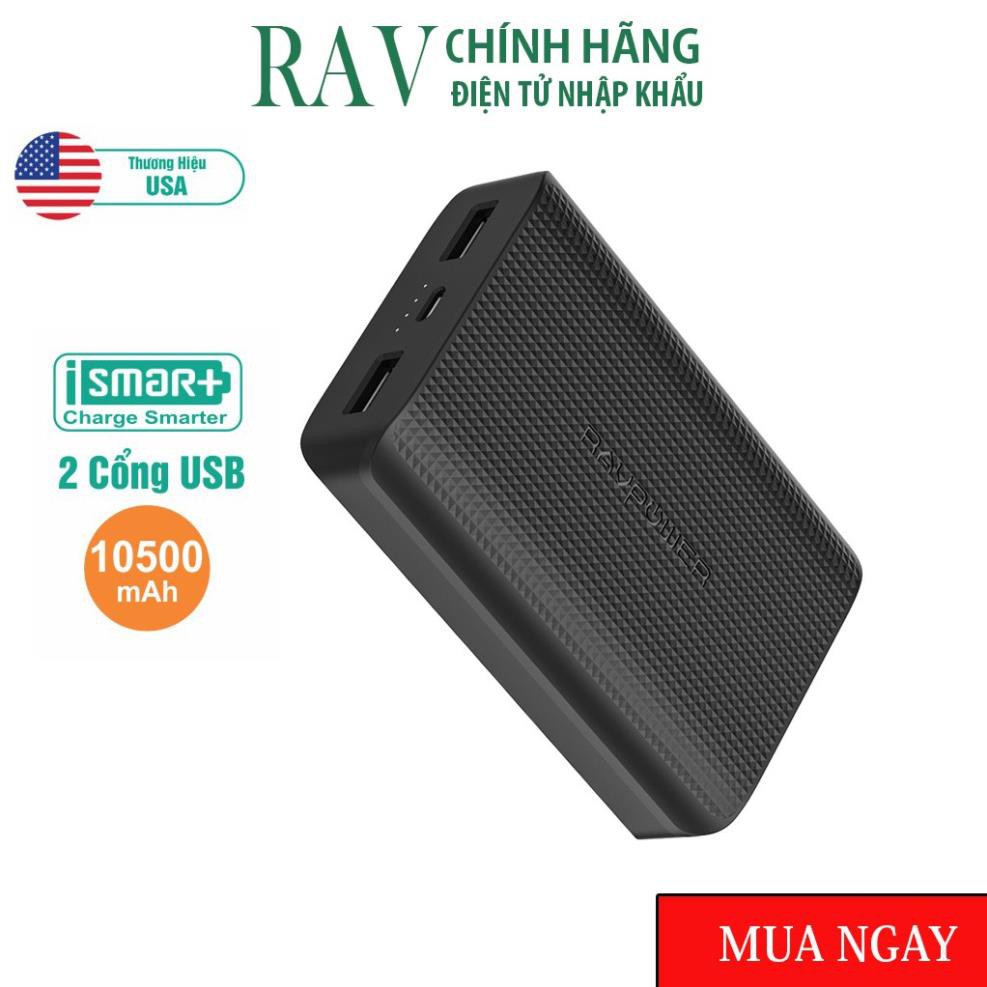 [FREE SHIP] Pin Sạc Dự Phòng RAVPower RP-PB133 10500mAh Sạc Nhanh Công nghệ iSmart Black-Hàng chính hãng thương hiệu Mỹ