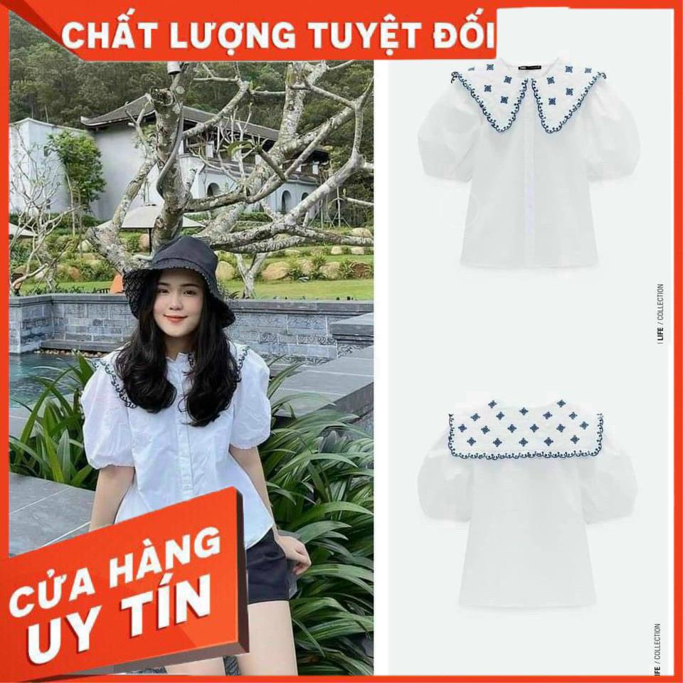 Áo sơ mi trắng nữ cổ thêu viền xanh siêu xinh