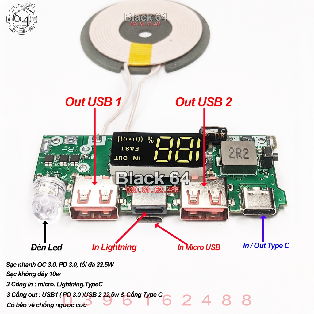 Mạch sạc dự phòng sạc nhanh tích hợp sạc không dây QC 3.0 PD 3.0 22 W
