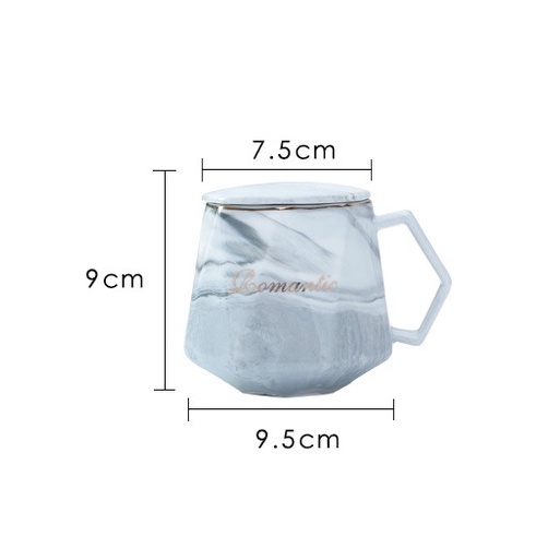Ly cốc sứ uống trà cafe vân đá nhiều cạnh khắc chữ Romantic