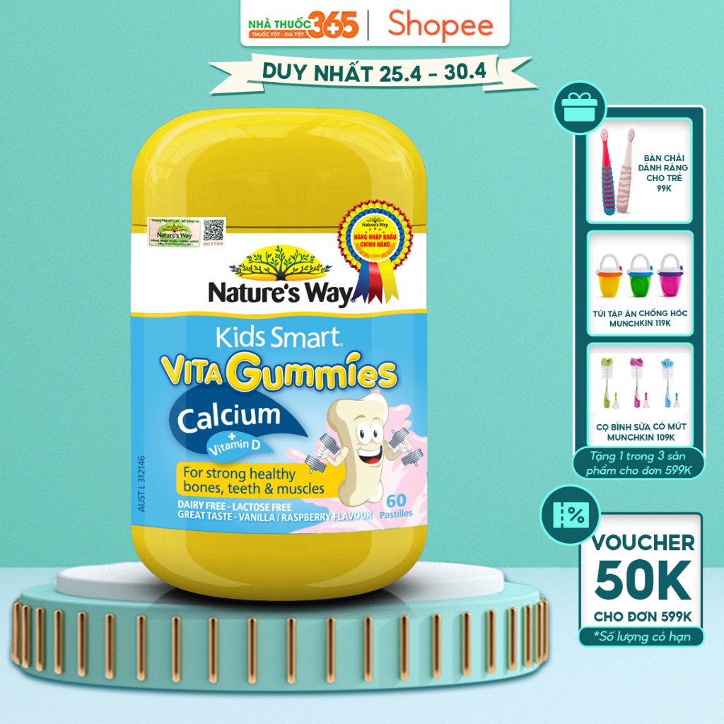 Kẹo Dẻo Canxi Cho Bé Nature’s Way Kids Smart Vita Gummies Calcium + Vitamin D - Hộp 60 Viên