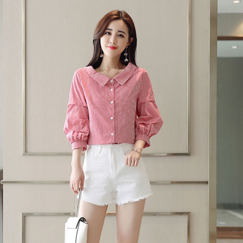 Áo Sơ Mi Cổ Búp Bê Họa Tiết Sọc Caro Phong Cách Hàn Quốc Thời Trang Xuân Hè Mới Cho Nữ