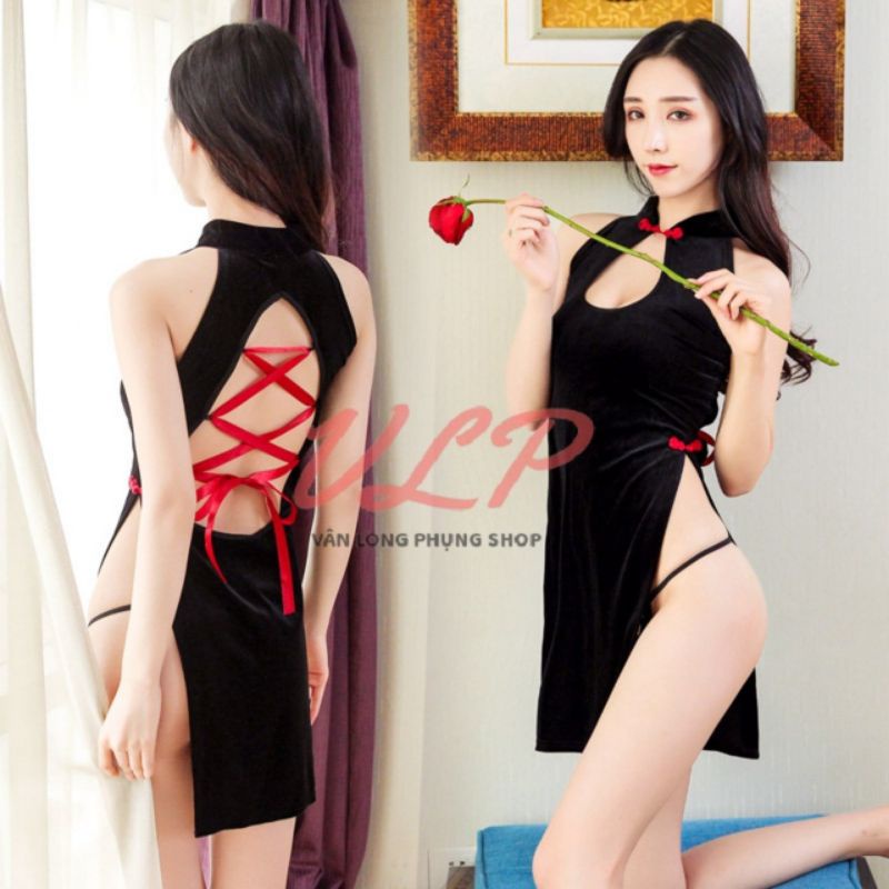 [Nhung mềm mịn]_DN55_Set Cosplay Sườn Xám Trung Hoa Xẻ Tà Đan Dây Lưng