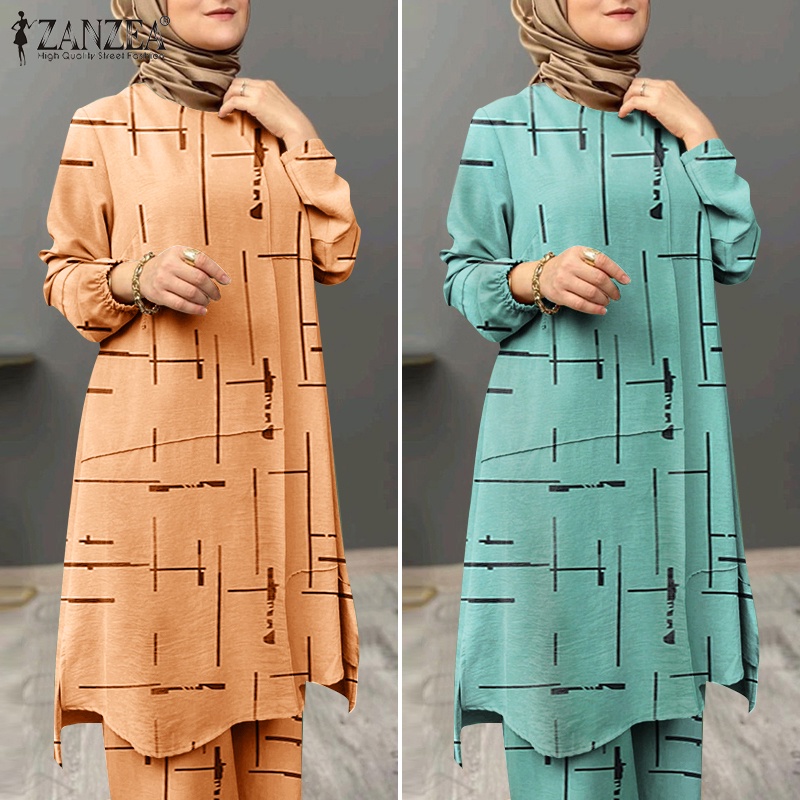 ZANZEA Set Áo Tay Phồng + Quần Dài Ống Rộng Lưng Thun Thời Trang Cho Phụ Nữ Hồi Giáo
