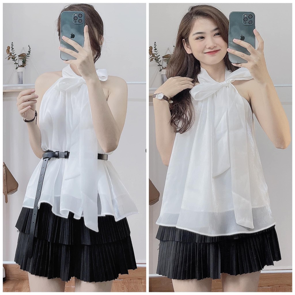 HÀNG SẴN] ÁO YẾM VOAN TƠ 2 lớp kèm dây thắt tiểu thư hàng thiết kế mềm mịn