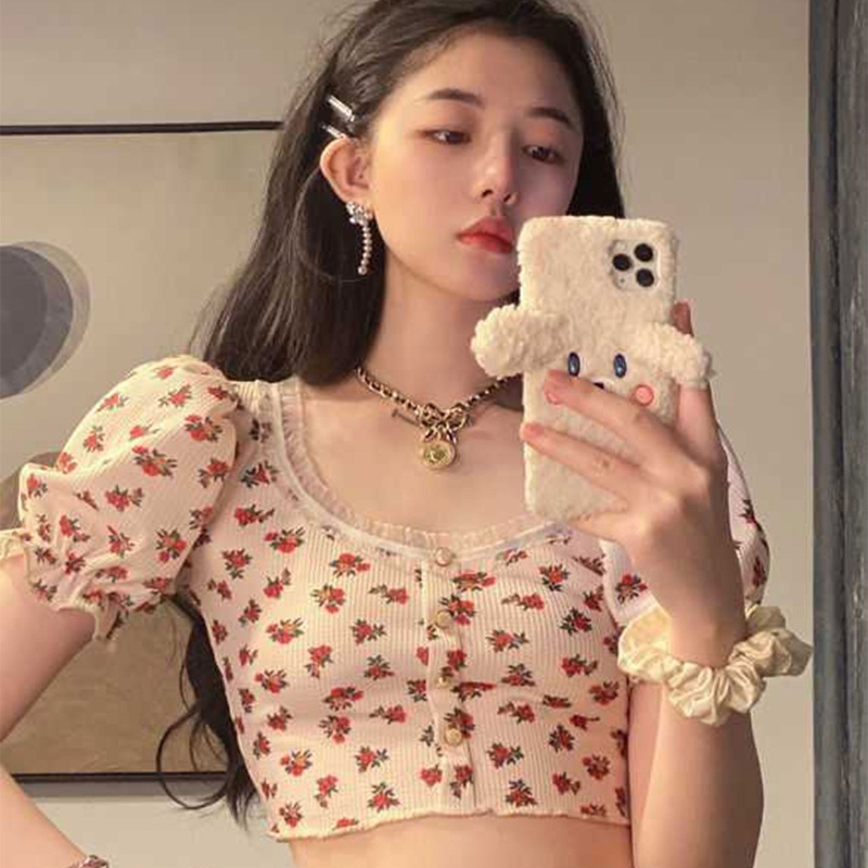 Áo Crop Top Tay Ngắn Phồng Cổ Vuông Phối Ren Thời Trang Cho Nữ
