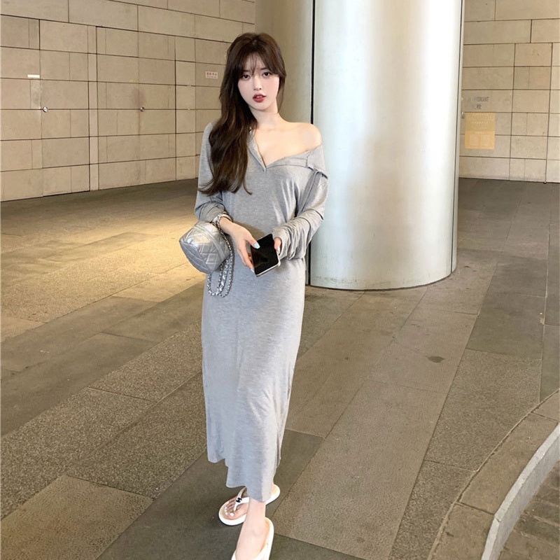 IELGY Đầm dài cổ chữ V nhẹ nhàng