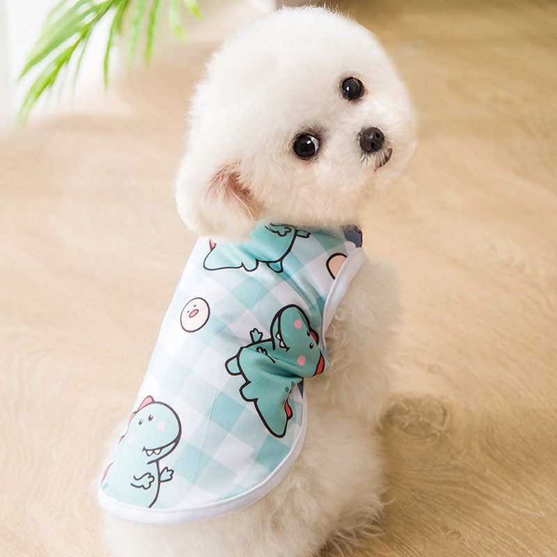 áo ba lỗ in hình khủng long và mèo thần tài cho chó mèo