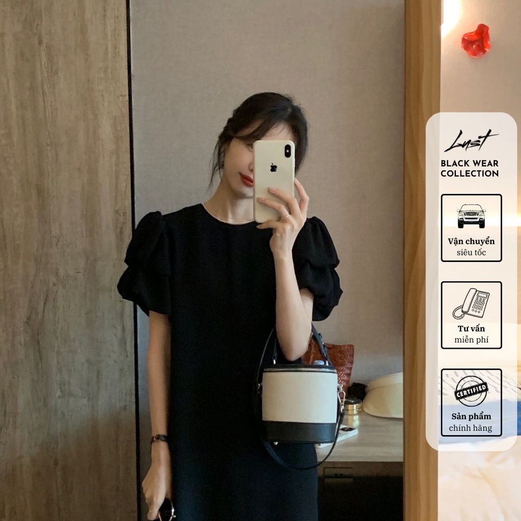 Váy đầm lụa tay bồng thời trang nữ LUST màu đen chất liệu dày dặn cao cấp thiết kế đẹp - M11