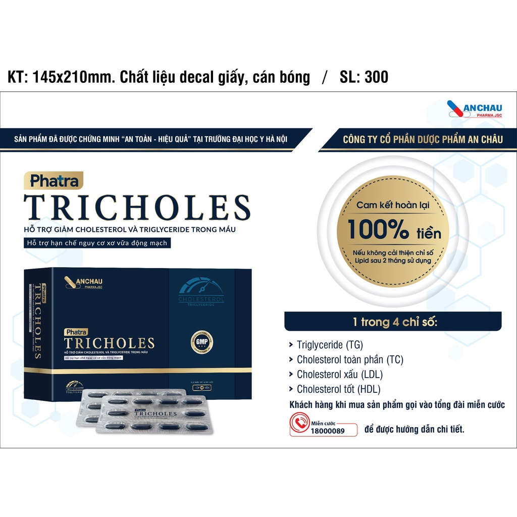 Phatra TRICHOLES giúp hạ mỡ máu, giảm cholesterol, ngừa xơ vữa động mạch - Hộp 20v