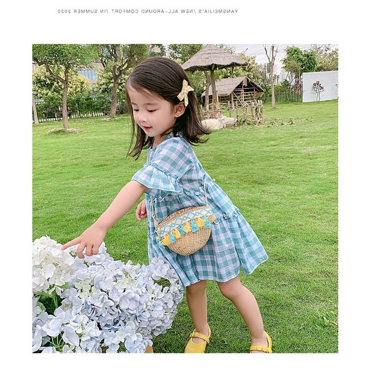 Váy Cho Bé Gái 5t Phong Cách Hàn Quốc, Kiểu Dáng Baby doll Xòe, Họa Tiết Caro, Màu Pastel