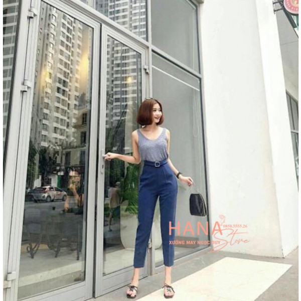 Quần baggy vải kèm đai vuông chất sắt cúc bấm lệch cạp lưng cao màu đen - Vải dày dặn mềm mịn Mặc đi làm công sở đi học