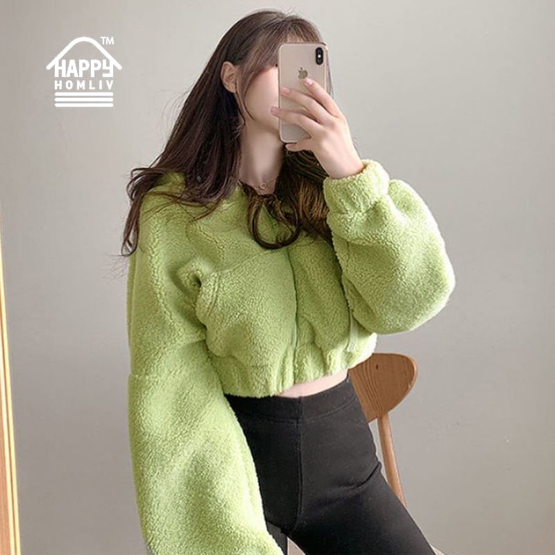 Happy homliv crop top Hoodie Lông Cừu Ngắn Dáng Ôm Có Khóa Kéo Dễ Thương Cho Nữ