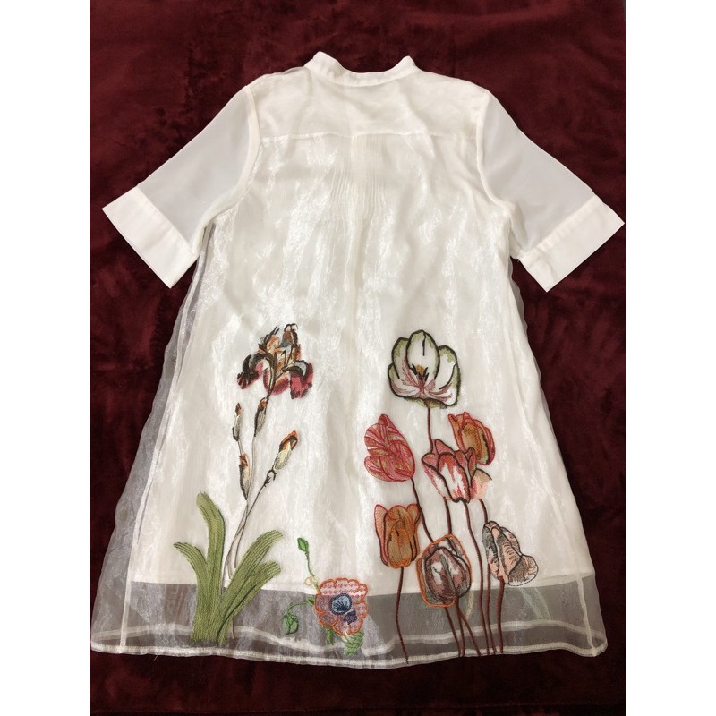 PASS váy sơ mi cổ tàu organza thêu hoa QCCC quảng châu cao cấp