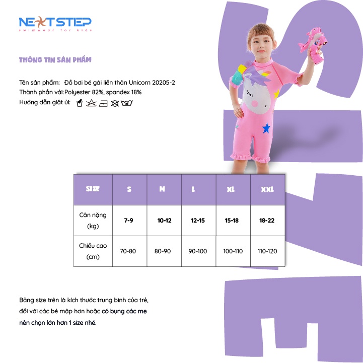 Đồ bơi bé gái liền thân họa tiết ngựa Kỳ lân size từ 9kg đến 28kg