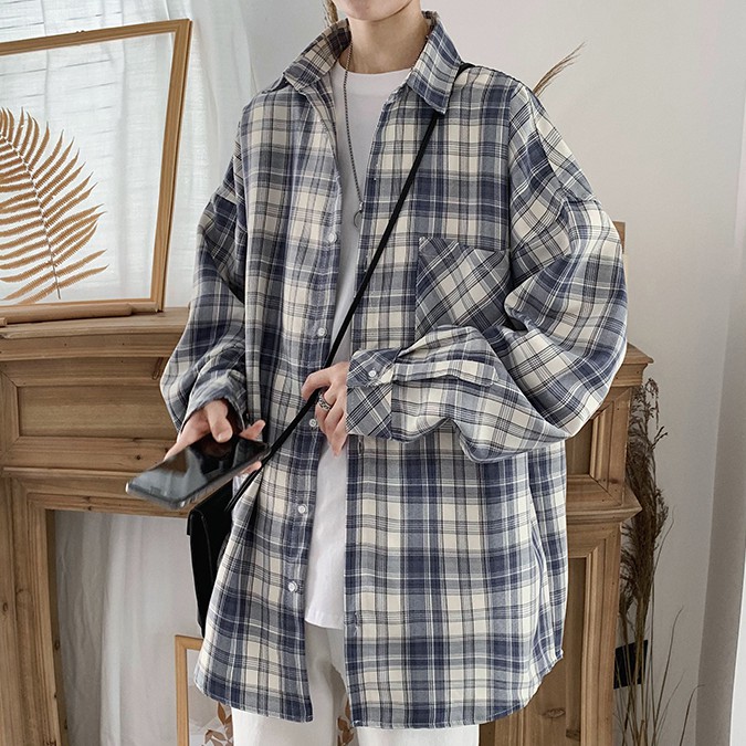 Áo khoác sơ mi tay dài nam dáng rộng kẻ sọc thiết kế trẻ trung cho các cặp đôiunisex áo sơ mi nam kẻ sọc