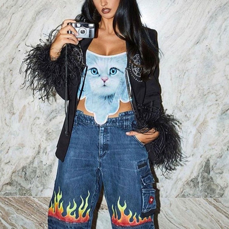 Áo Lót Corset Không Tay In Họa Tiết Mèo Phong Cách Punk Cổ Điển Dành Cho Nữ