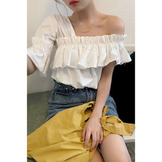 A053 Áo sơ mi lệch vai CAM/TRẮNG freesize