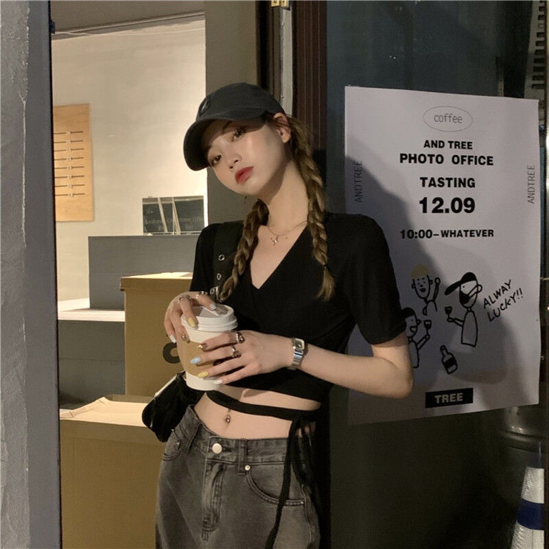 Áo Thun Tay Ngắn Cổ Chữ V Cột Dây Họa Tiết Kẻ Sọc Ca Rô Phong Cách Hàn Quốc Thời Trang Mùa Hè Dành Cho Nữ 2022