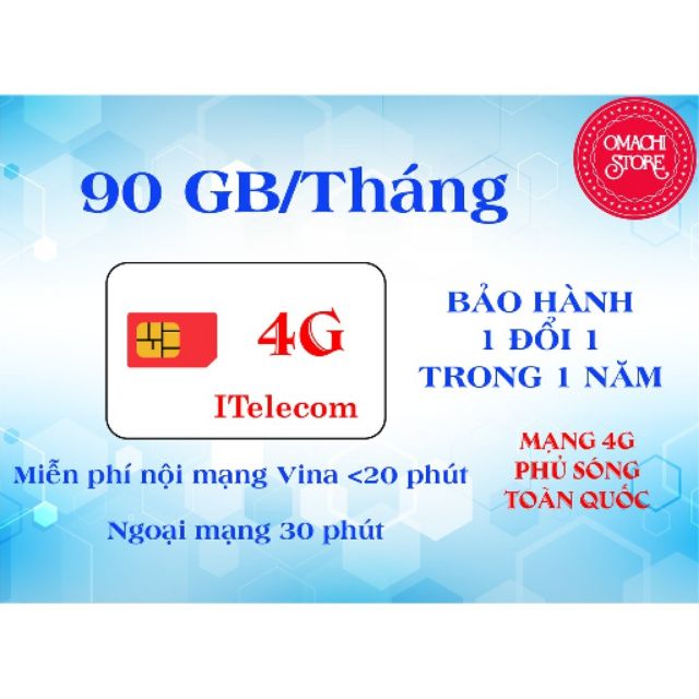 [FREE THÁNG ĐẦU]SIM 4G ITELECOM 90GB/THÁNG NGHE GỌI MIỄN PHÍ
