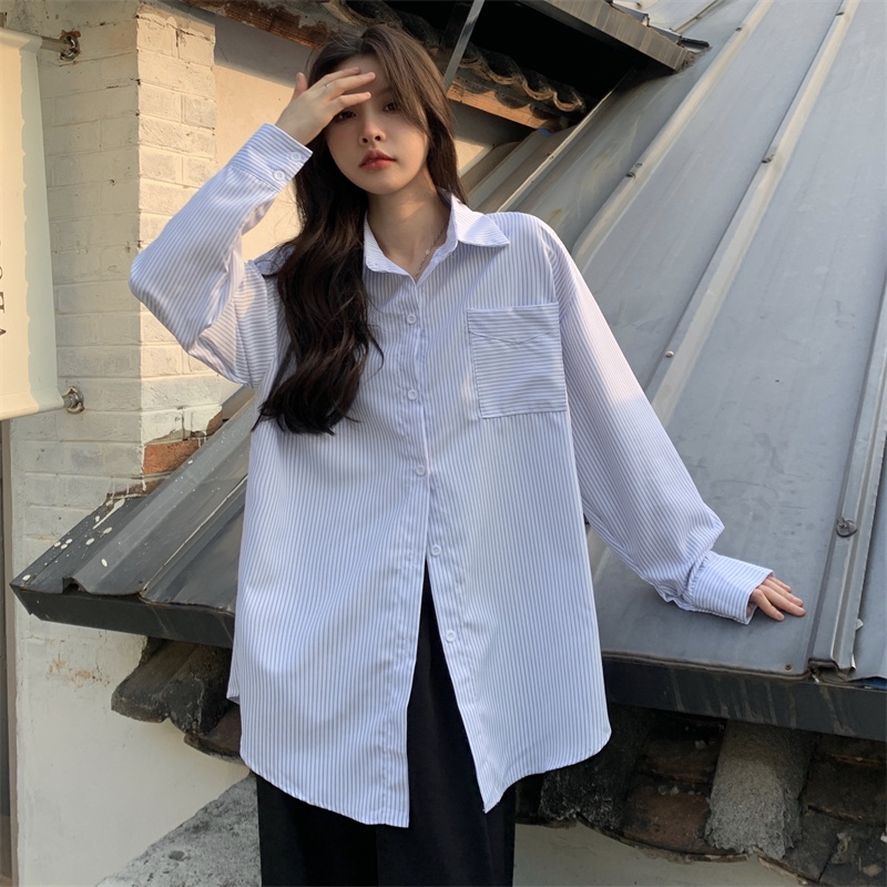 【ZHELIHANGFEI】Áo Sơ Mi Tay Dài Họa Tiết Sọc Theo Phong Cách Preppy Dễ Phối Đồ