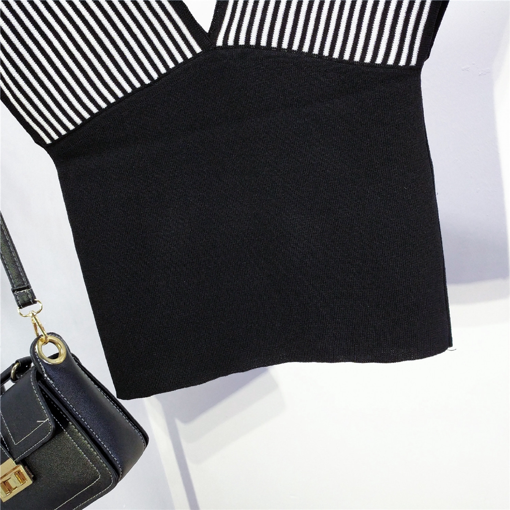 Áo dệt kim nữ không tay cổ chữ V hở lưng kẻ sọc gợi cảm | BigBuy360 - bigbuy360.vn