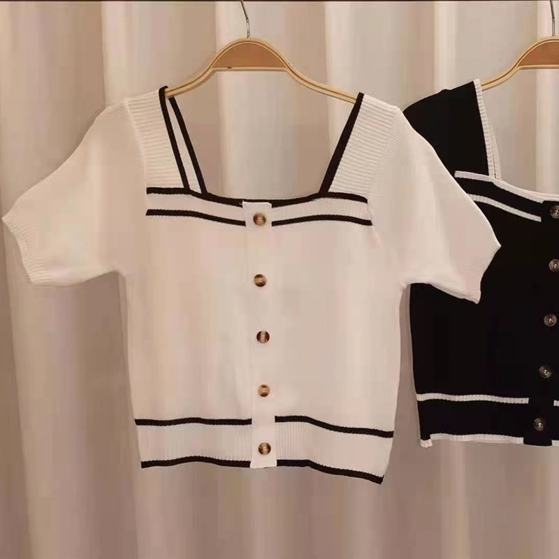 Áo croptop dệt kim SUXI tay ngắn cổ vuông phong cách Hàn Quốc