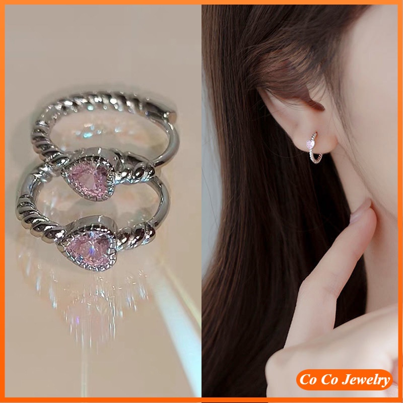 Đôi Khuyên Tai Đính Đá Zircon Màu Hồng Hình Trái Tim Phong Cách Hàn Quốc Thời Trang Mới Cho Nữ