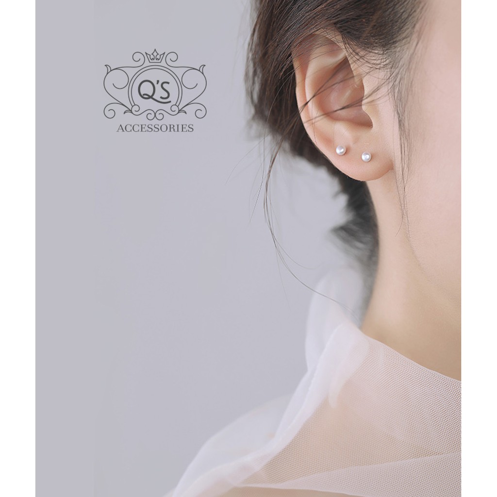 Bông tai bạc 925 ngọc trai nhân tạo khuyên nụ trơn mini tròn tối giản S925 PEARL Silver Earrings QA SILVER EA200801