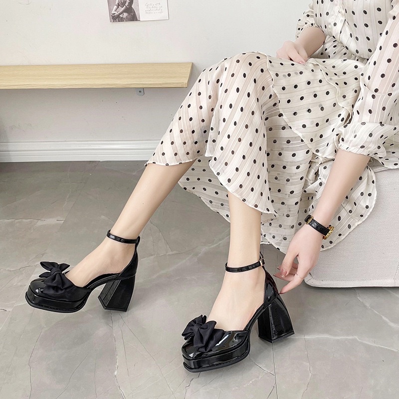 SẴN LẺ SIZE _ Giày cao gót đế trụ phối nơ quai ngọc siêu xinh nữ