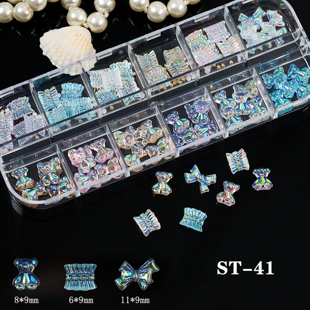 [Hàng mới về] Hộp 12 ngăn hoa resin nơ ruy băng váy gấu bướm AB màu kẹo trang trí móng cho salon