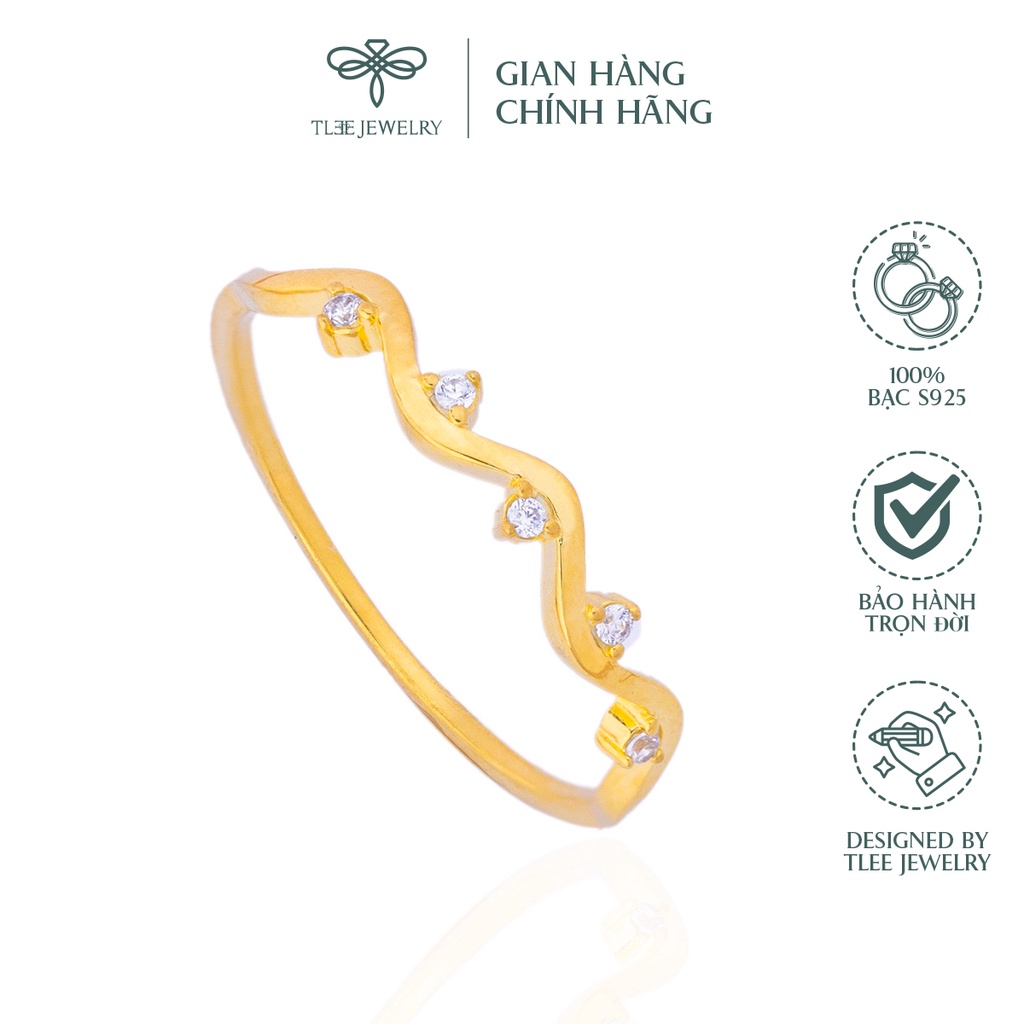 Nhẫn bạc nữ TLEE mặt sóng đính đá mạ vàng 14k cao cấp NCJ A0127