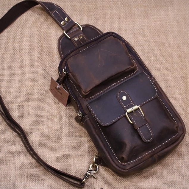 Túi đeo chéo trước ngực , Túi nam da thật 100% da bò sáp Handmade khâu tay thủ công BH 3 năm