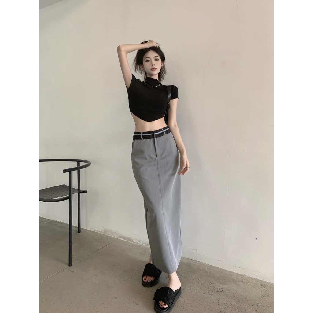 Bộ Áo Ngắn / Chân Váy Lưng Cao Xẻ Tà Đơn Giản Thời Trang Dành Cho Nữ
