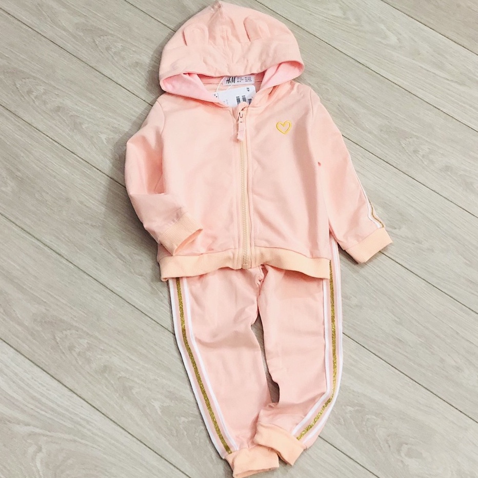 Bộ dài tay thu đông bé gái - Bộ khoác nỉ có mũ HM trơn cho bé gái size 1-6t