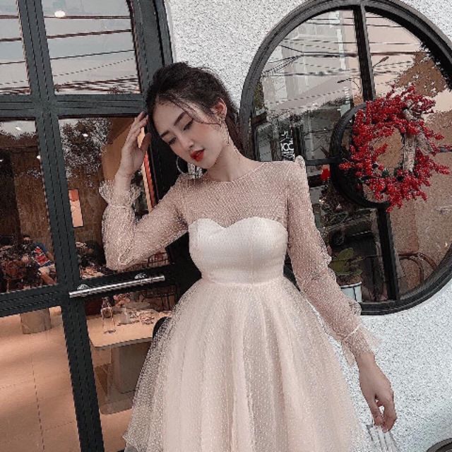 Đầm xòe ren luói bi tau dài