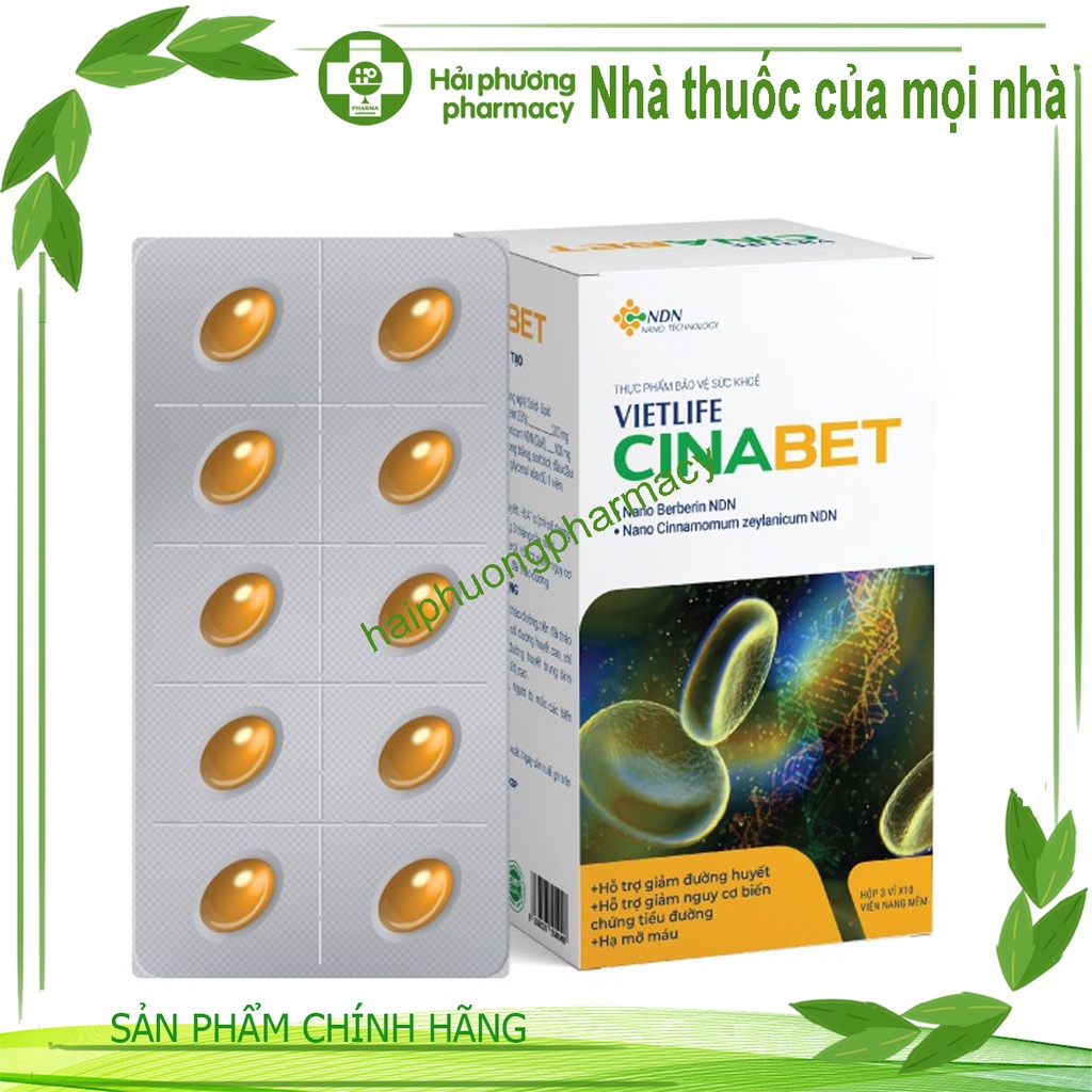 VIETLIFE CINABET – Hỗ trợ cải thiện tiểu đường, ổn định đường huyết, ngăn biến chứng tiểu đường (hộp 30 viên nang)