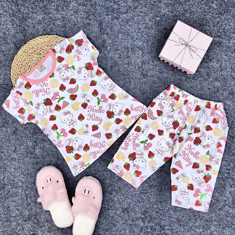 (SALE) Set bộ thun borip tay ngắn quần lửng Kitty cho bé gái (20-35kg) - Hirokids