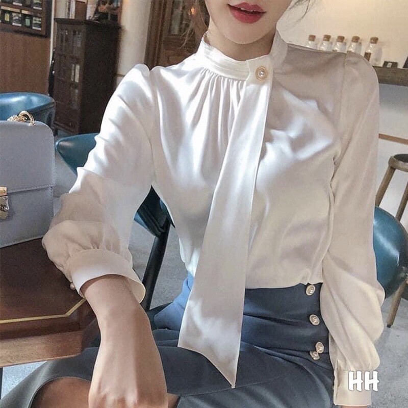 ÁO SƠ MI TRẮNG DÀI TAY NỮ CHẤT LỤA CỔ TÀU GIỌT LỆ CỰC HOT  SM08