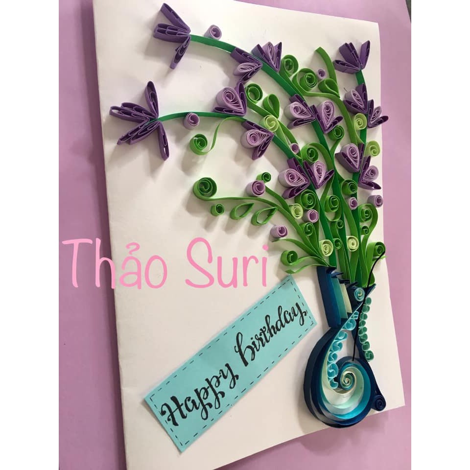 Thiệp/Tranh handmade lọ hoa oải hương nghệ thuật giấy cuốn size A5 (Lavender quiling card/picture)