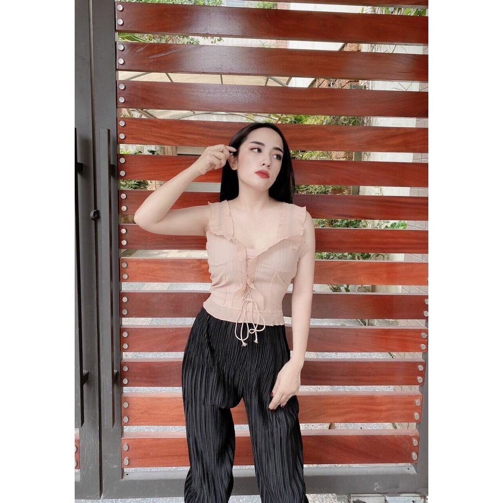 Áo 2 Dây Crotop Bản To Viền Bèo Dáng Ôm, Có dây chéo ở giữa sexy, sang chảnh