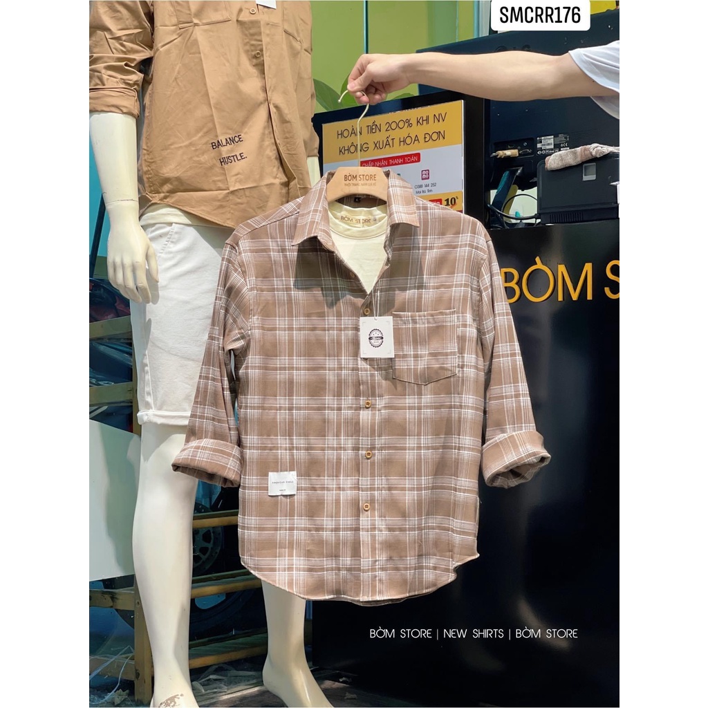 Beacon Denim - Áo sơ mi caro nam mẫu xám nâu mã 176