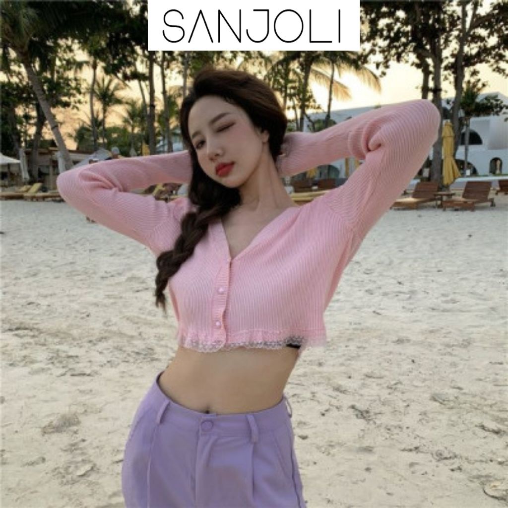 Áo Croptop Tay Dài SANJOLI Áo Cardigan Nữ Kiểu Ôm Body Sexy Bánh Bèo Thiết kế Hở Ngực Phối Ren Trắng Đen AOE020