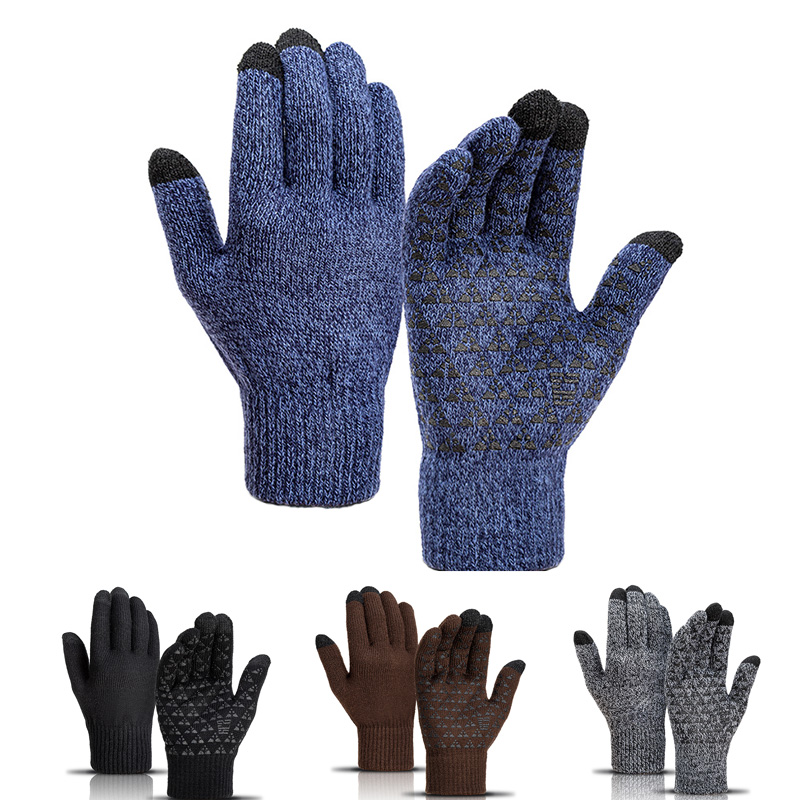 Găng tay 5 ngón bằng len dày dệt kim chống trượt cho mùa thu đông có thể chạm màn hình cảm ứng cho nam và nữ